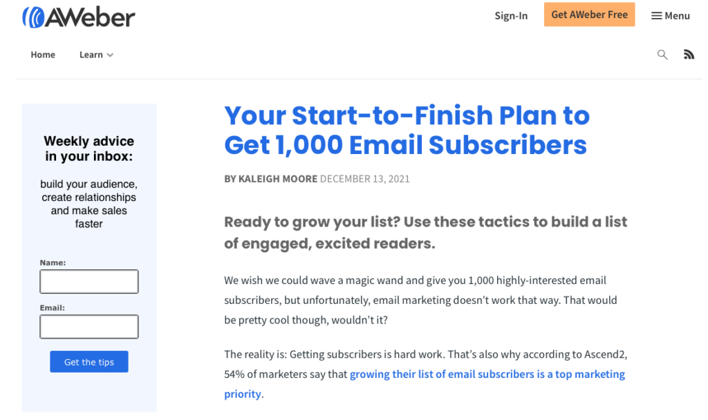 Example of a sign up form on the left side bar on AWeber's website