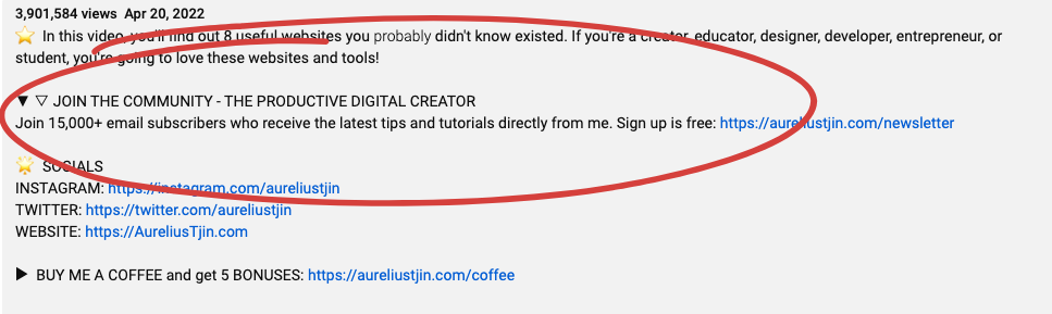 Example of an embedded sign-up form link in a video description