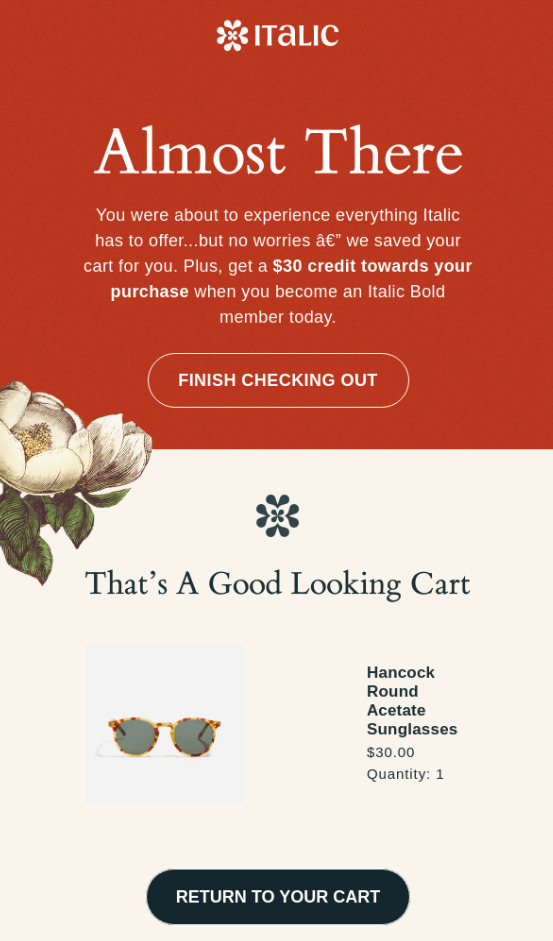 Abandoned cart automated email example from Italic