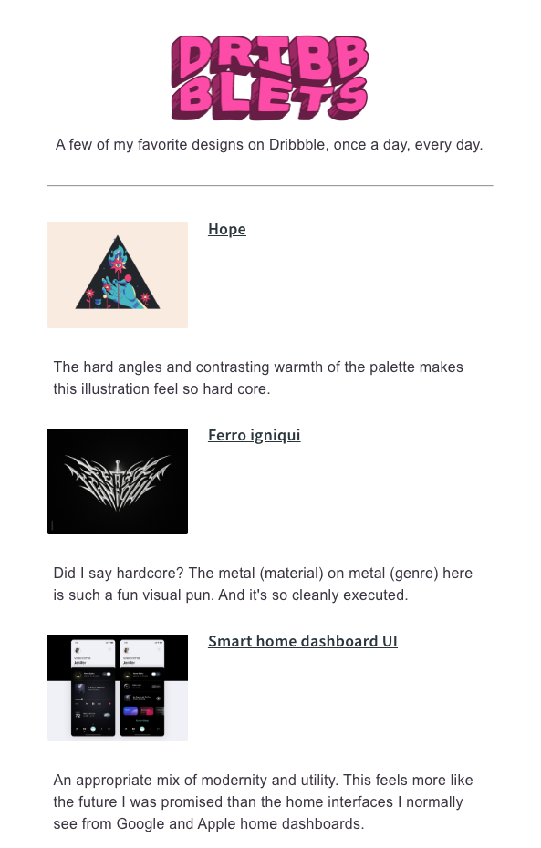 an example of a curated newsletter from Dribbble