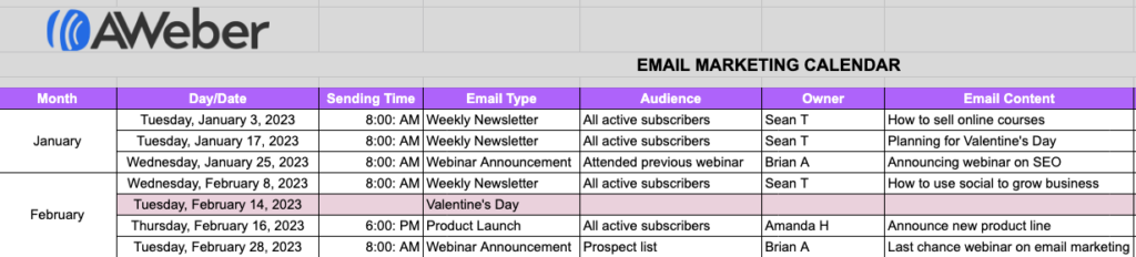 Example of an email marketing calendar
