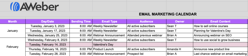 Ejemplo de calendario de marketing por correo electrónico