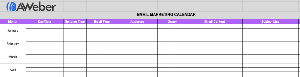 cómo se ve un calendario de marketing por correo electrónico en una hoja de cálculo de Google