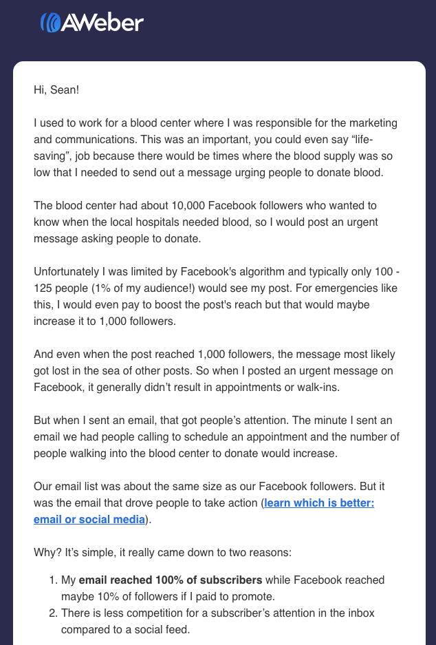 Storytelling email example from AWeber