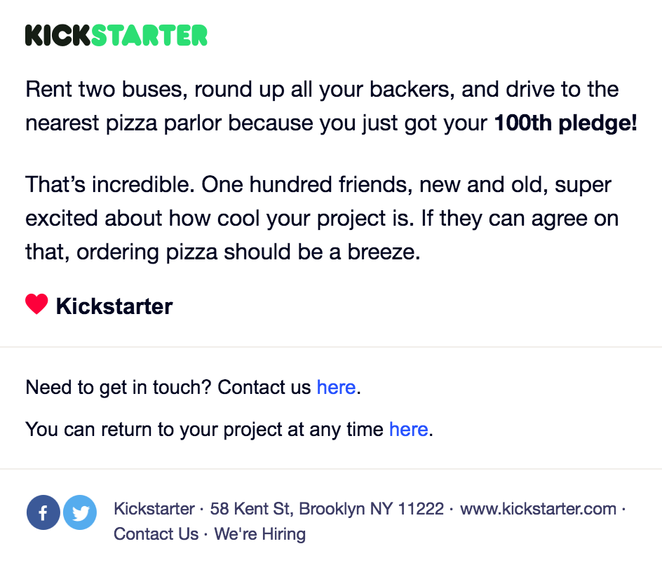 Exemple d'e-mail personnalisé de KickStarter