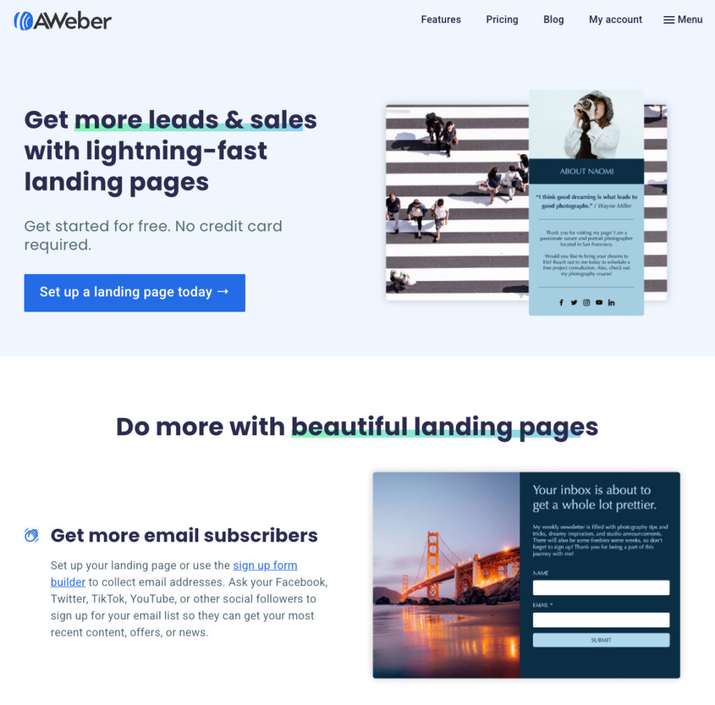 An example of a landing page on AWeber's website