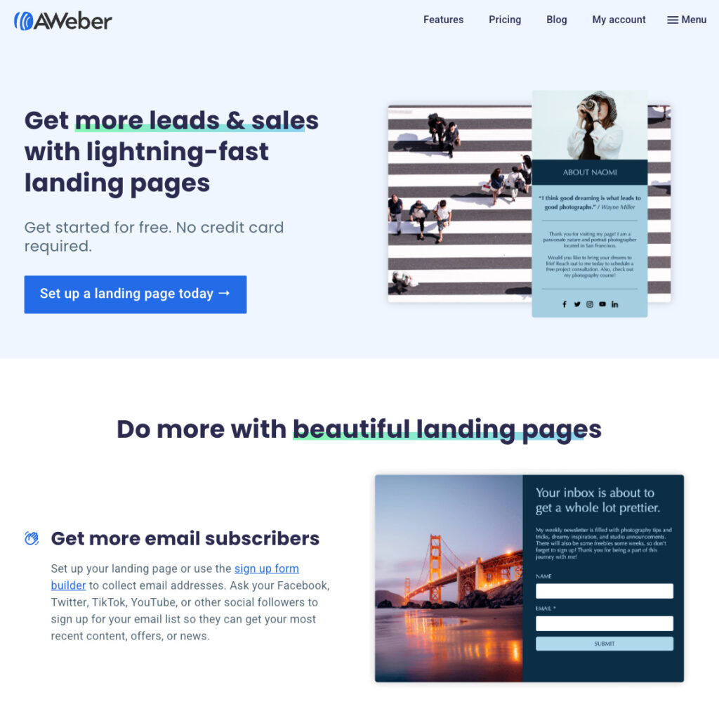 Un exemple de landing page sur le site d'AWeber