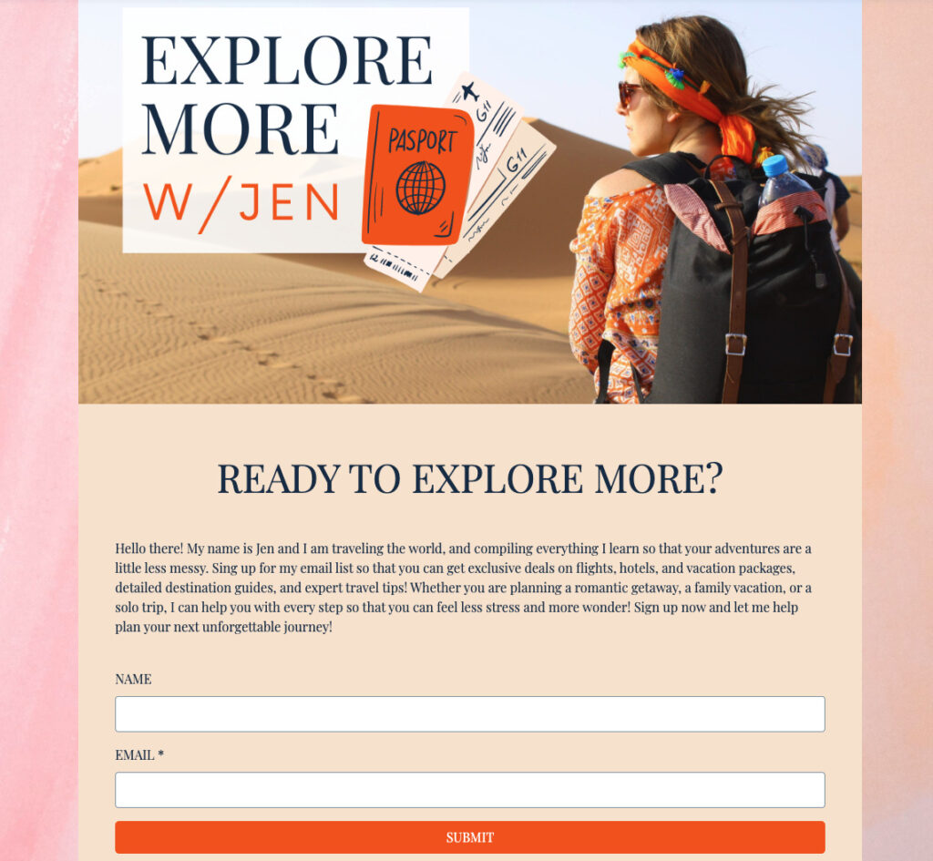 AWeber sign up page template for travel bloggers