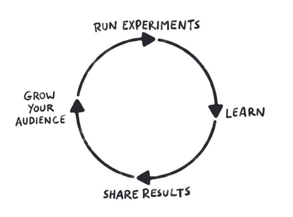 Experiment wheel showing Run experiments, learn, share results, grow audience