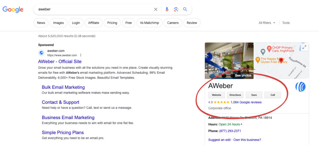 Google Review example on a search of AWeber