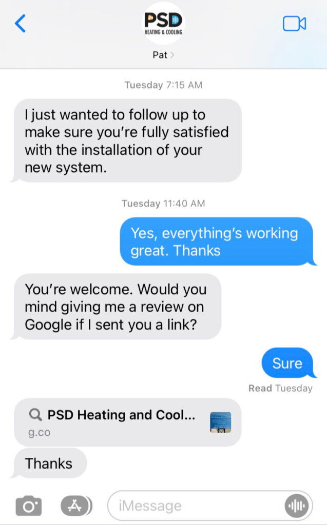 Text message from PSD Heating & Cooling asking for a Google Review