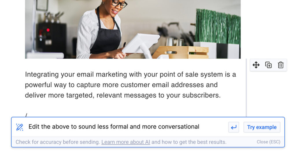 Ejemplo de la herramienta de escritura AI de AWeber para editar un borrador escrito