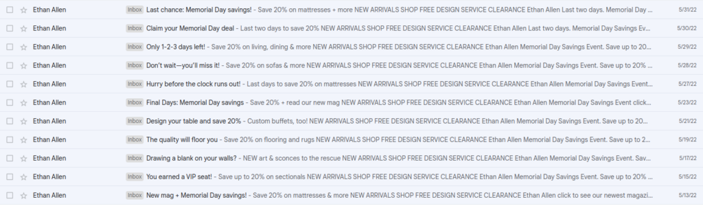 Subject line example from Ethan Allen