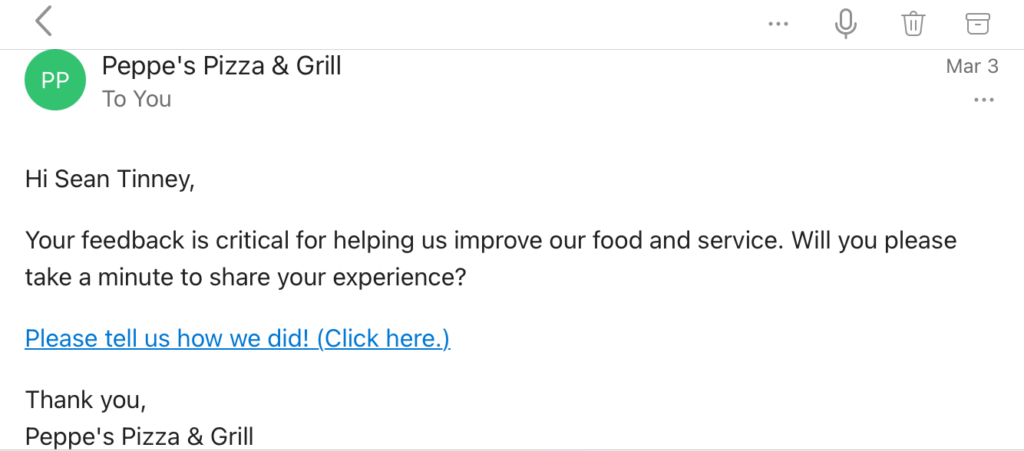 Google review email example from Peppe's Pizza & Grill