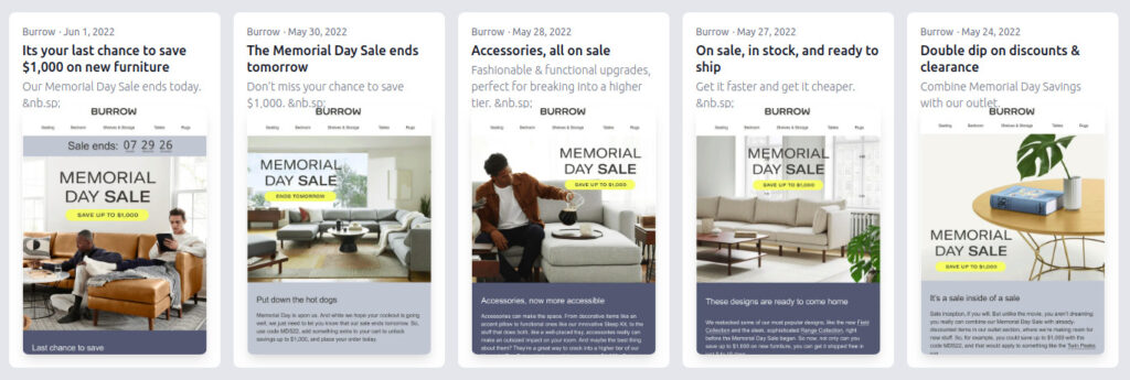 DTC furniture brand Burrow uses different subject lines in their Memorial Day email campaigns