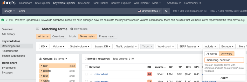 Including words "marketing" and "behavior" in keyword research for the word "color"