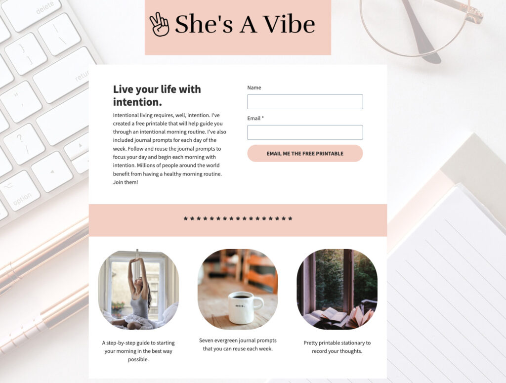 She's a Vibe lead magnet landing page example