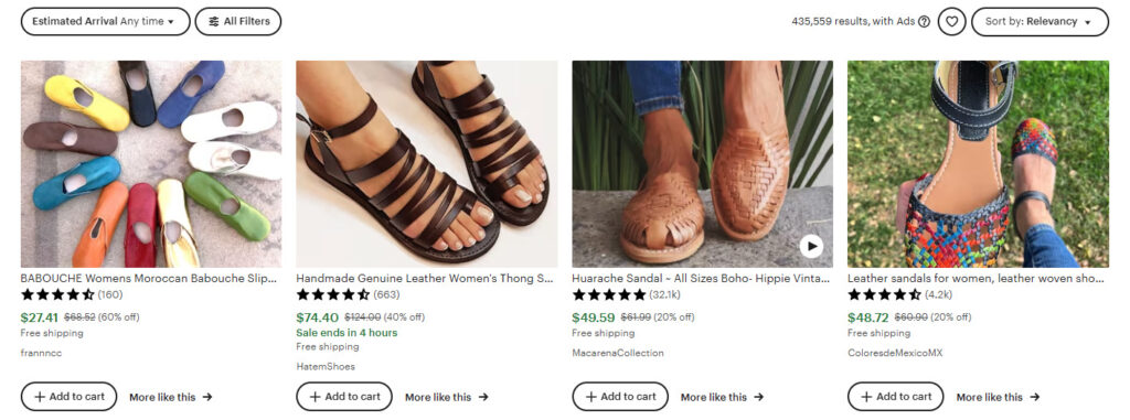 Etsy query for “women’s shoes”