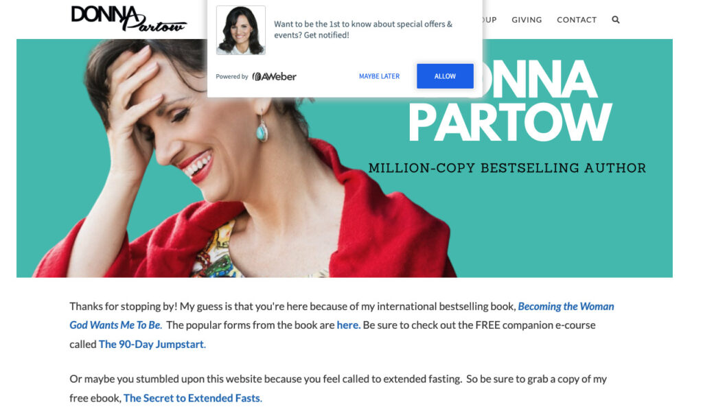 Web push notification on Donna Partow's website