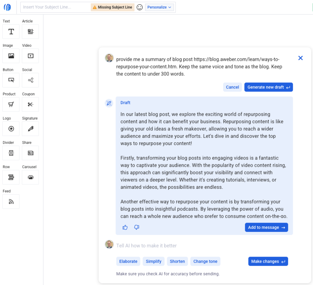 AWeber's AI Writing Assistant content creation tool