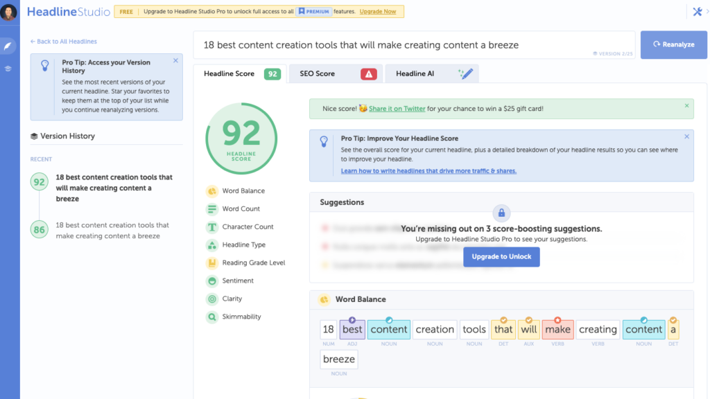 Headline Analyzer tool for creating content