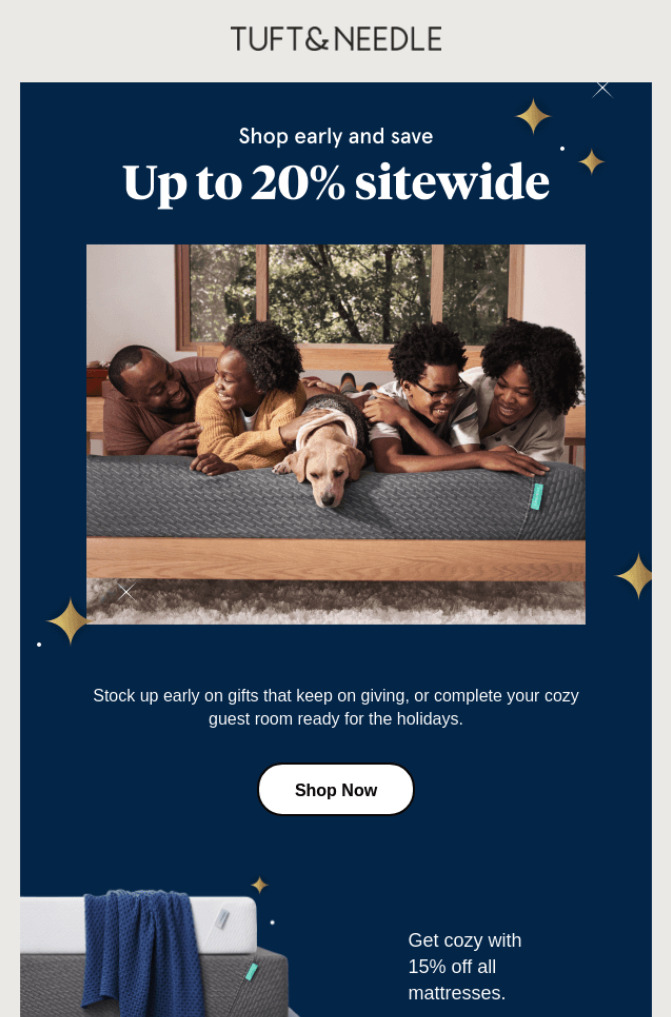 Shop early and save holiday email marketing example from Tuft&needle