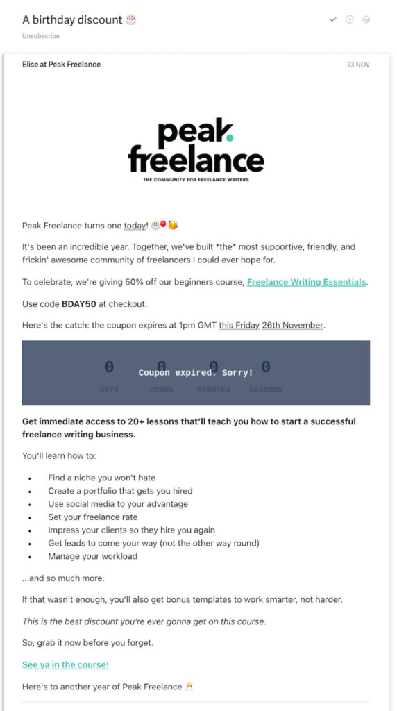 Peak Freelance business birthday campaign