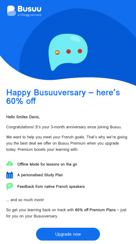 Anniversary email marketing idea from brand Busuu