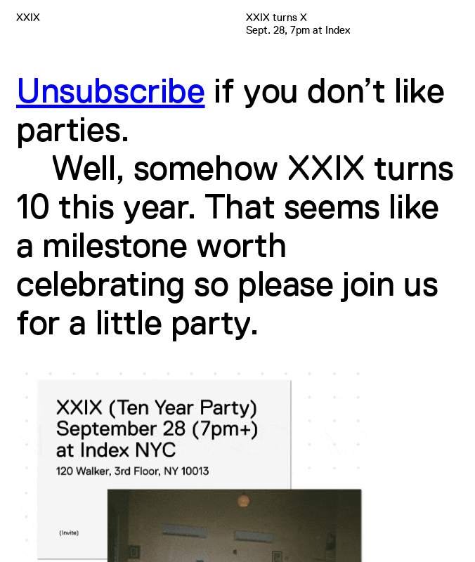 Announcement email example from XXIX