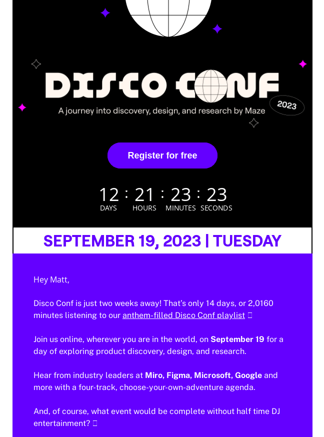 Drip campaign email example from Disco Conf