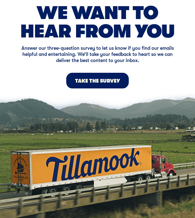 Example of a survey email from brand Tellamook