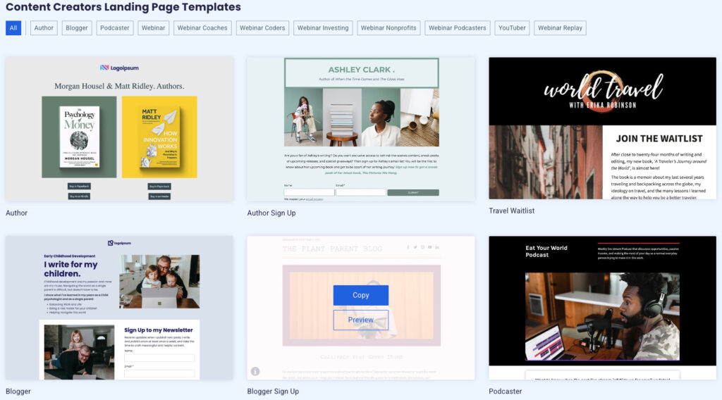 AWeber landing page templates examples