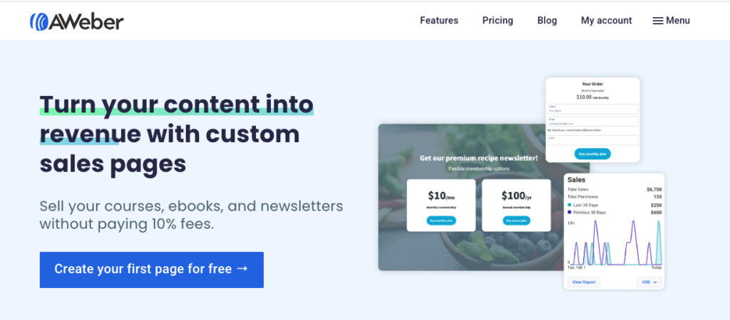 AWeber product landing page builder home page