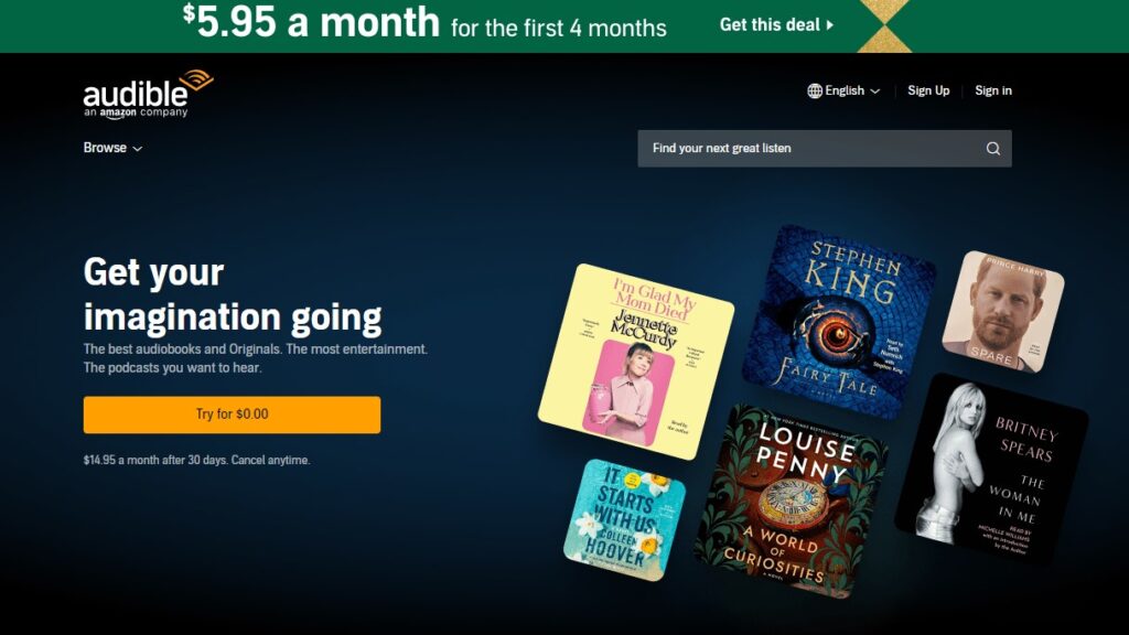Audible landing page CTA example