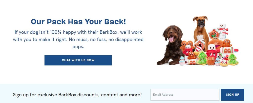 BarkBox landing page with a 100% money-back guarantee section