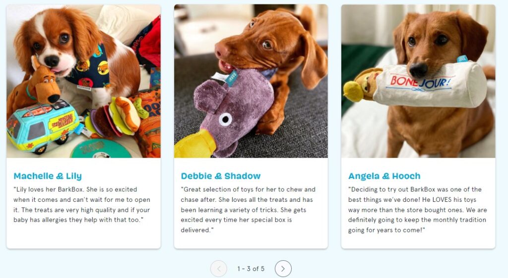 BarkBox landing page with customer testimonial section