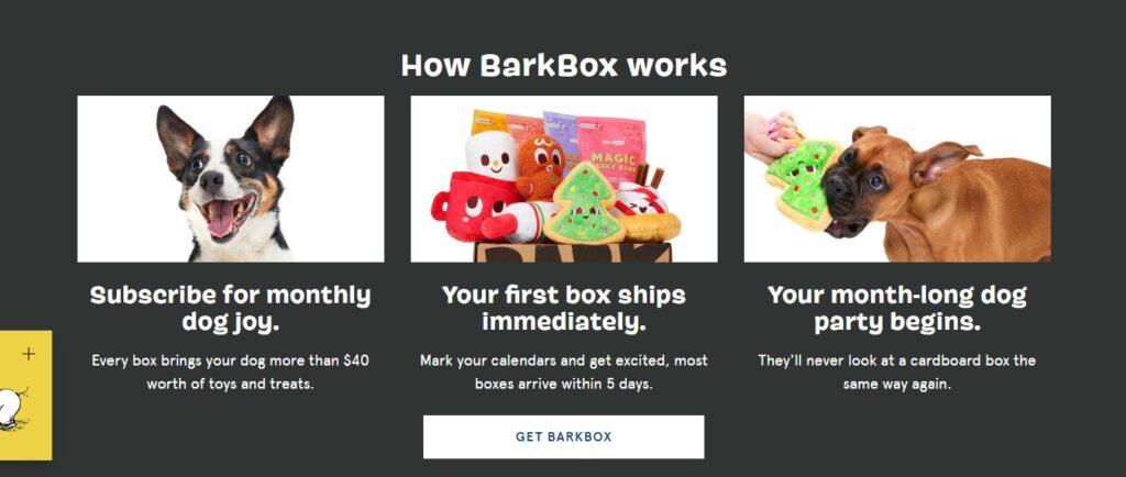 BarkBox landing page with how it works section