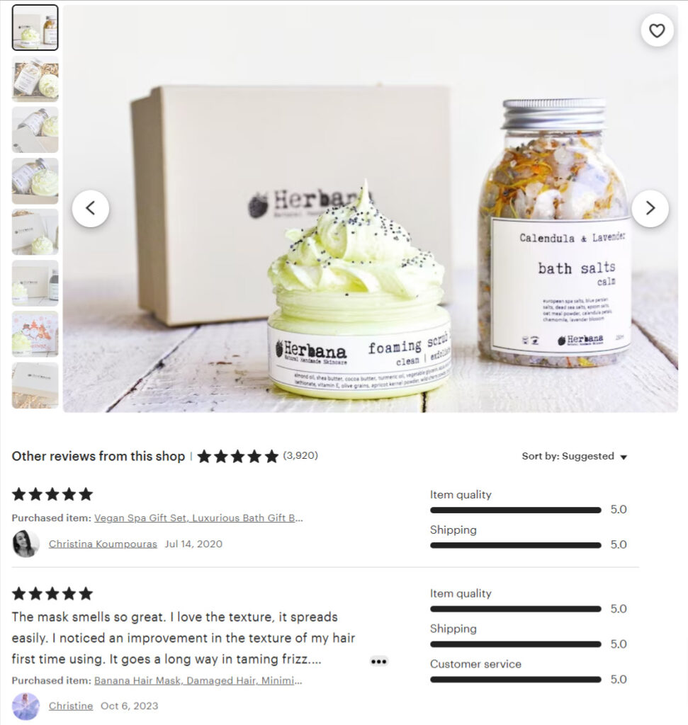 Etsy review for luxurious bath gift box from Herbana Cosmetics