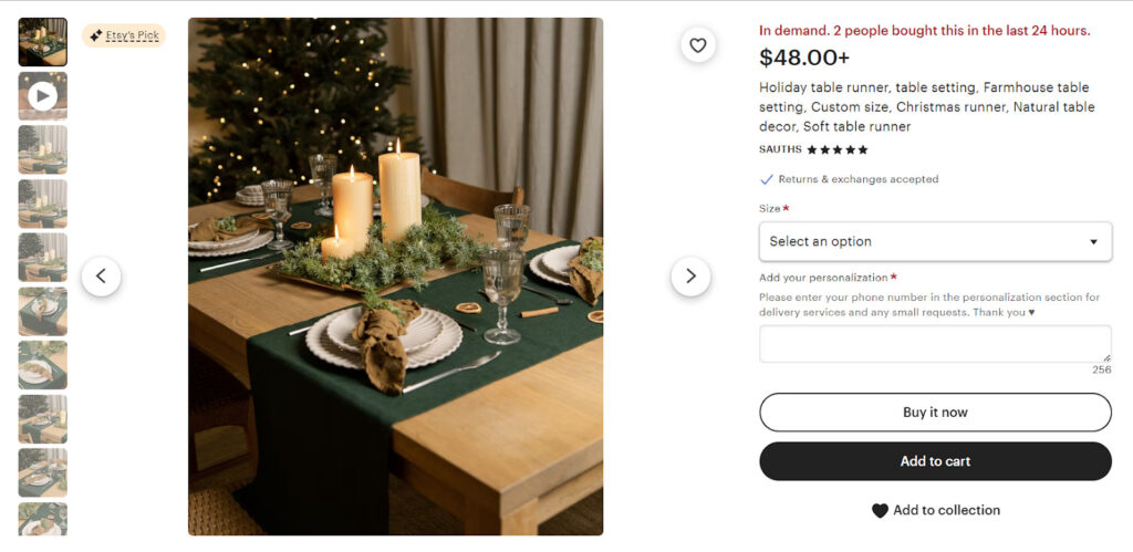 Example of an Etsy shop using a strong picture to sell a table runner