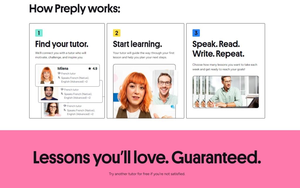 Preply's landing page with how to section
