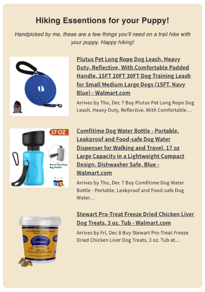 Promotional section of a newsletter showing 3 products that the newsletter is recommending