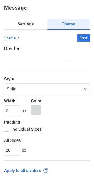 Section of universal theme settings where divider color and width can be updated