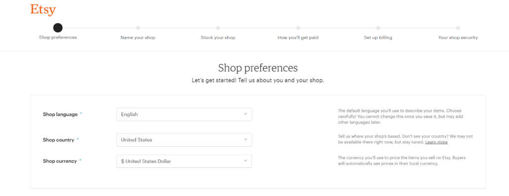 Shop preference survey page on Etsy