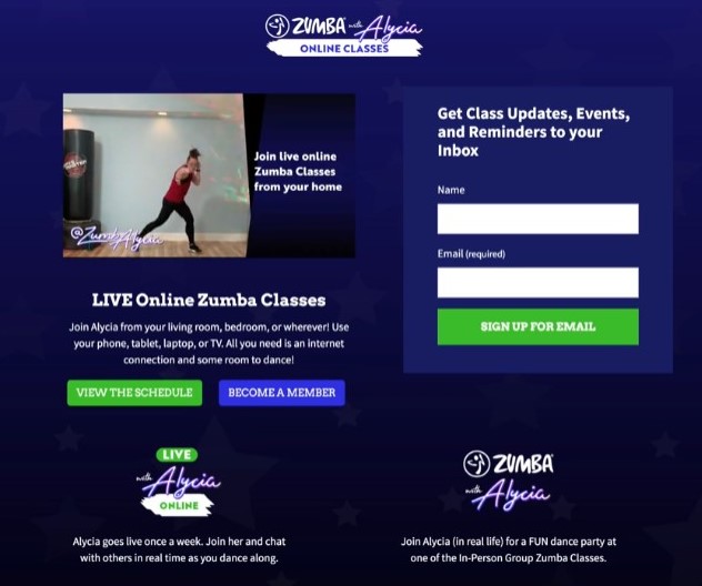 Zumba with Alycia landing page