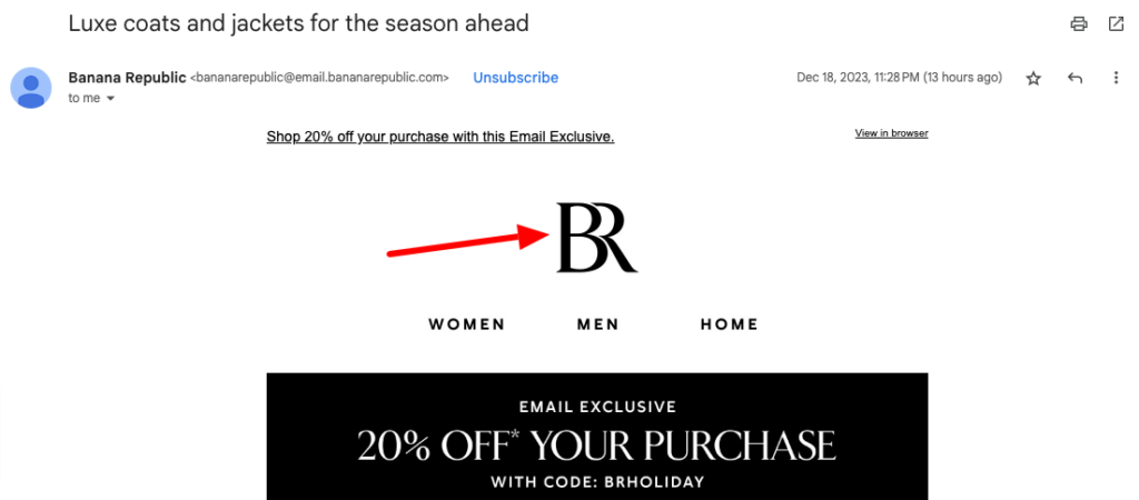 Email from Banana Republic showing their logo at the top of the email