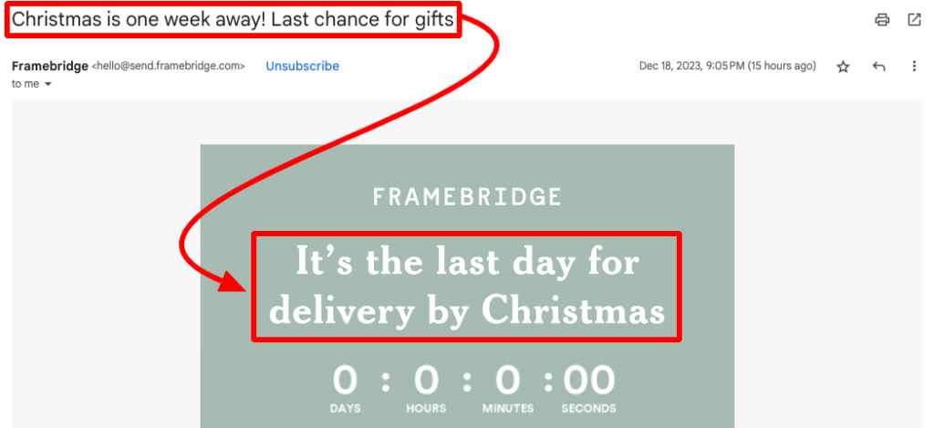 Email from Framebridge showing connection between the subject line and the main headline