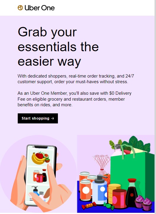 Uber email example leading with a benefit, followed by product highlights