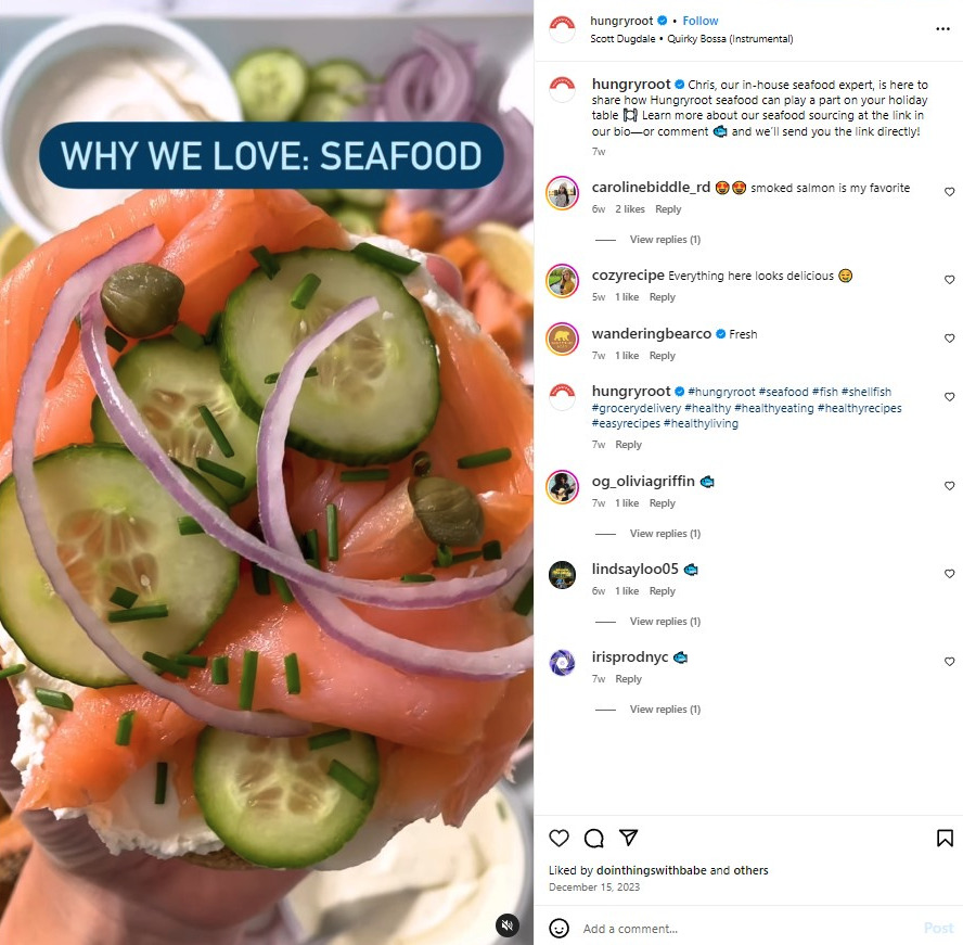 example of Hungryroot includes the keyword “seafood” several times in its Reels caption without sounding spammy