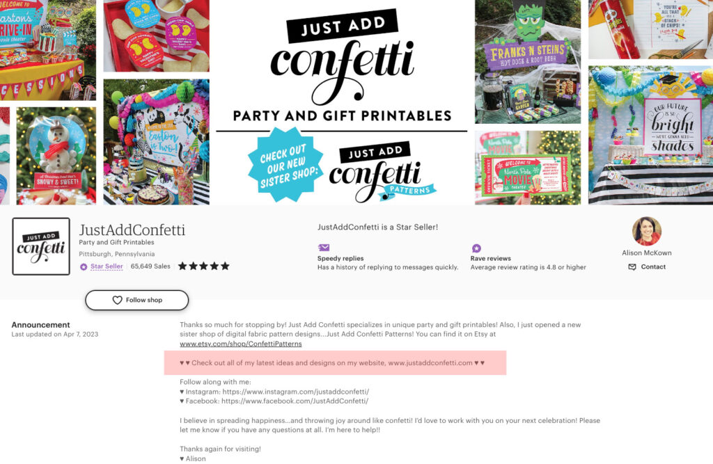 Link to website on Just Add Confetti's announcement section on Etsy shop page