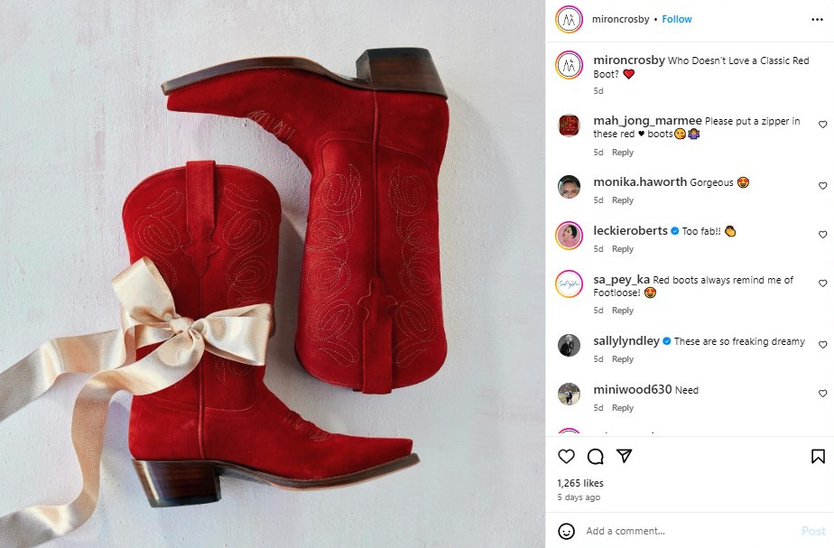 Example of Micron Crosby Boots using a simple caption rich in keywords paired with a stunning image of red boots, “Who doesn’t love a classic red boot?”